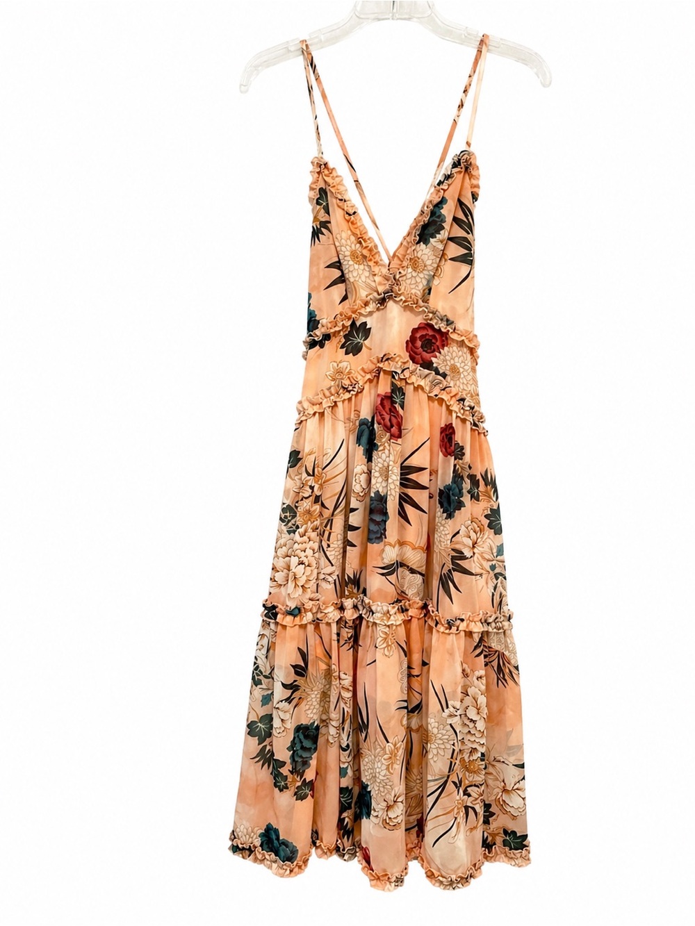 Saints+Secrets Peach Floral Ruffle Tiered Dress Boho Chic Spaghetti Strap Size S